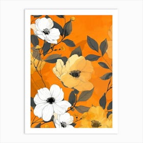 Floral Pattern On Orange Background Art Print