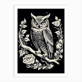 B&W Bird Linocut Great Horned Owl 2 Art Print