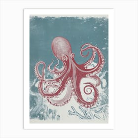 Detailed Red & Navy Linocut Octopus 2 Art Print