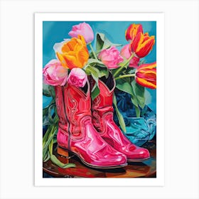 Oil Painting Of Tulips Flowers And Cowboy Boots, Oil Style 2 Art Print