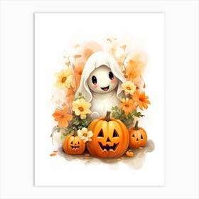 Cute Ghost With Pumpkins Halloween Watercolour 65 Art Print
