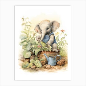 Elephant Painting Gardening Watercolour 2 Art Print