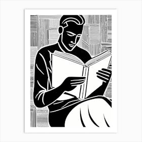 Reading A Book Linocut Black And White Painting, 324 Art Print