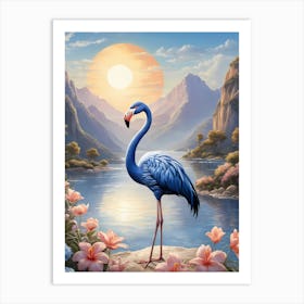 Floral Blue Flamingo Painting (35) Art Print