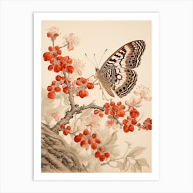 Butterfly With Cranberries Japanese Style Painting 2 Art Print