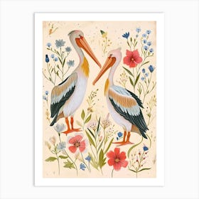 Folksy Floral Animal Drawing Pelican 2 Art Print