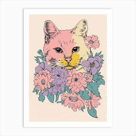 Cute American Shorthair Cat With Flowers Illustration 3 Art Print