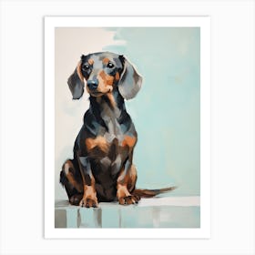 Dachshund Dog, Painting In Light Teal And Brown 1 Art Print