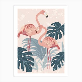 American Flamingo And Monstera Deliciosa Boho Print 1 Art Print