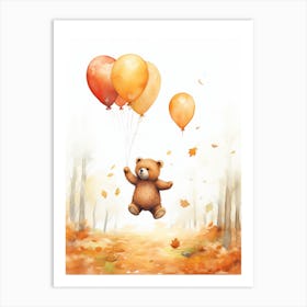 Bear Flying With Autumn Fall Pumpkins And Balloons Watercolour Nursery 2 Art Print