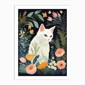 White Cat In Flowers Art Print