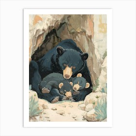 American Black Bear Family Sleeping In A Cave Storybook Illustration 2 Art Print