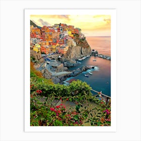 Lluminated Manarola Town By Sea Against Sky During Sunset Art Print