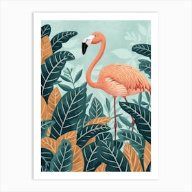 Andean Flamingo And Philodendrons Minimalist Illustration 2 Art Print