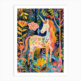 Floral Fauvism Style Unicorn In The Woodland 1 Art Print