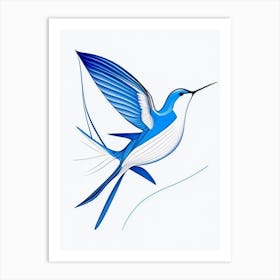 Hummingbird Symbol 2 Blue And White Line Drawing Art Print