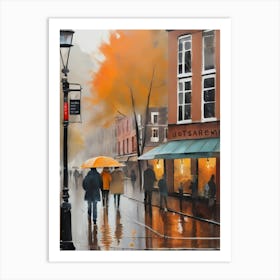 Amsterdam cafes, autumn season, rain, autumn oil colours.Faded colours,People passing on the street, winter clothes, rain umbrellas.4 3 Art Print