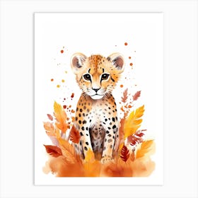 A Cheetah Watercolour In Autumn Colours 3 Art Print