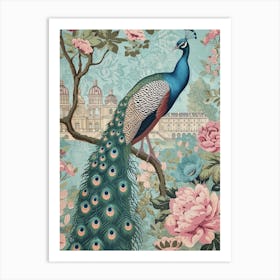 Vintage Floral Peacock With Palace In The Background 2 Art Print