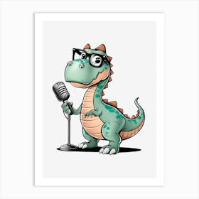 Cartoon Dinosaur Holding A Microphone Art Print