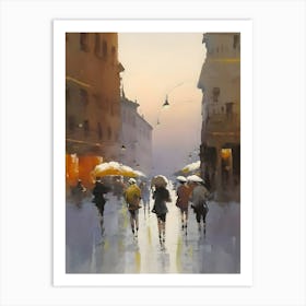 People Walking In The Rain, Acquerello paesaggio Urbano italiano Roma o Milano I'll Art Print