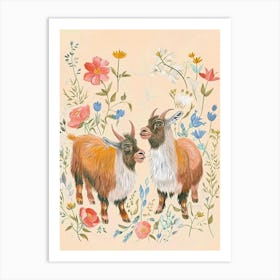 Folksy Floral Animal Drawing Goat 2 Art Print