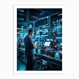 Cyber Industrial Factory With An Ai Manager Overseeing A Network Of Robotic Welding Arms And Automat (7) Art Print