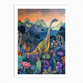 Colourful Dinosaur Pattern Drawing In The Mountains 1 Art Print