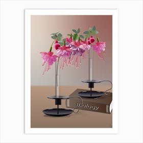 Pink Fuchsia Flowers In Glass Test Tubes With Candlesticks On A Brown Biology Book 1 Art Print