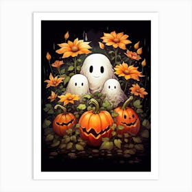 Cute Bedsheet Ghost, Botanical Halloween Watercolour 148 Art Print