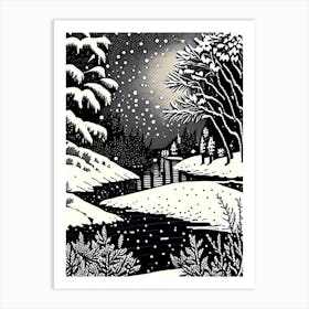 Snowflakes Falling By A Lake, Snowflakes, Linocut Art Print