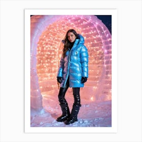 Woman in down jacket at a lighting igloo, mystic Art Print