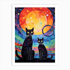 Two Black Cats With A Patchwork Moonlit Background Art Print