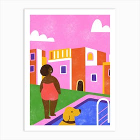 Woman and Dog By The Pool Art Print