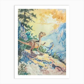 Dinosaur Friends On A Mountain Vintage Storybook Style Art Print