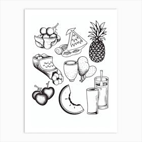 Fruits Collection Black And White Line Art Art Print