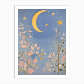 Flowers, Moon And Stars Art Print