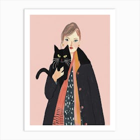 Illustration Of A Woman Holding A Cat 1 Art Print