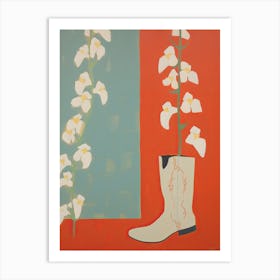 A Painting Of Cowboy Boots With White Flowers, Pop Art Style 17 Art Print