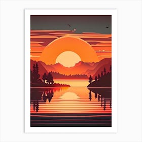 Sunset Over Lake Waterscape Retro Illustration 1 Art Print