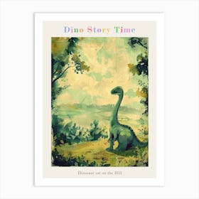 Dinosaur Sat On The Hill Vintage Storybook Painting Poster Art Print