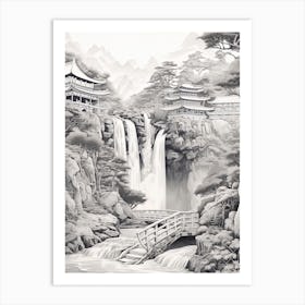 Nachi Falls In Wakayama, Ukiyo E Black And White Line Art Drawing 4 Art Print