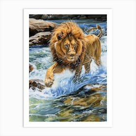 Barbary Lion Crossing A River Acrylic Painting 1 Art Print