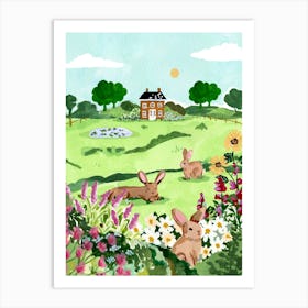 Field Bunnies with Flowers Art Print