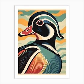 Vintage Bird Linocut Wood Duck 3 Art Print