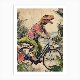 Dinosaur Riding A Bike Retro Style 1 Art Print