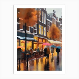 Amsterdam cafes, autumn season, rain, autumn oil colours.Faded colours,People passing on the street, winter clothes, rain umbrellas.7 2 Affiche