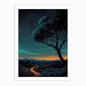 Tree In The Night Sky Art Print