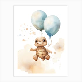 Baby Turtle Flying With Ballons, Watercolour Nursery Art 2 Art Print