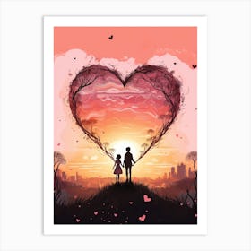 Parent & Child Walking Into Tree Heart Sunset Art Print